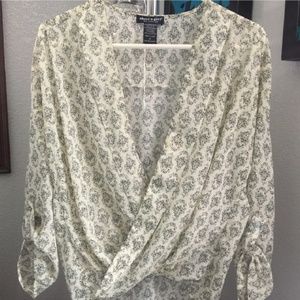 Ivory with navy print faux wrap surplus blouse
